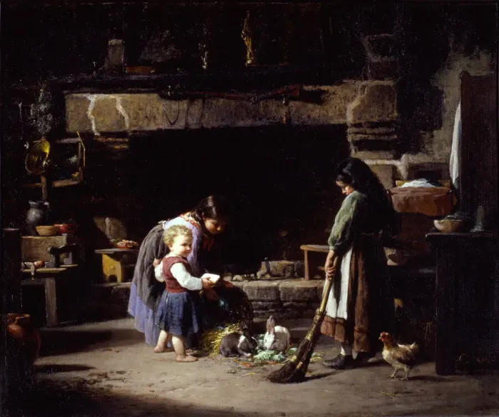 Framed Print : Farm Interior: Breton Children Feeding Rabbits, 1878. Creator: William Henry Lippincott Framed Print : Farm Interior: Breton Children Feeding Rabbits, 1878. Creator: William Henry Lippincott