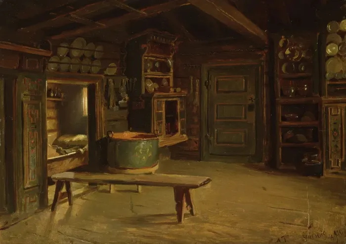 Framed Print : Farm Interior from Gulsvik in Hallingdal, probably 1848. Creator: Adolph Tidemand Framed Print : Farm Interior from Gulsvik in Hallingdal, probably 1848. Creator: Adolph Tidemand
