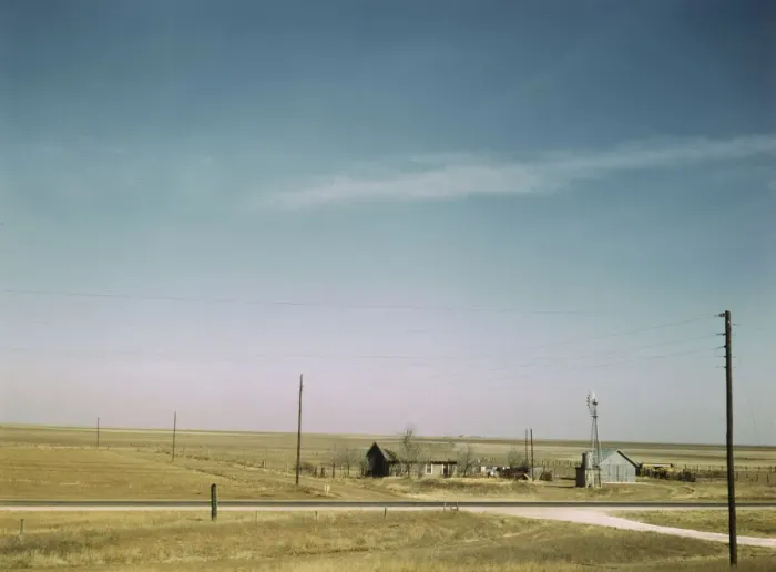 Framed Print : Farm land in Texas panhandle near Amarillo, Texas. Santa Fe R. R. trip, 1943. Creator: Jack Delano Framed Print : Farm land in Texas panhandle near Amarillo, Texas. Santa Fe R. R. trip, 1943. Creator: Jack Delano