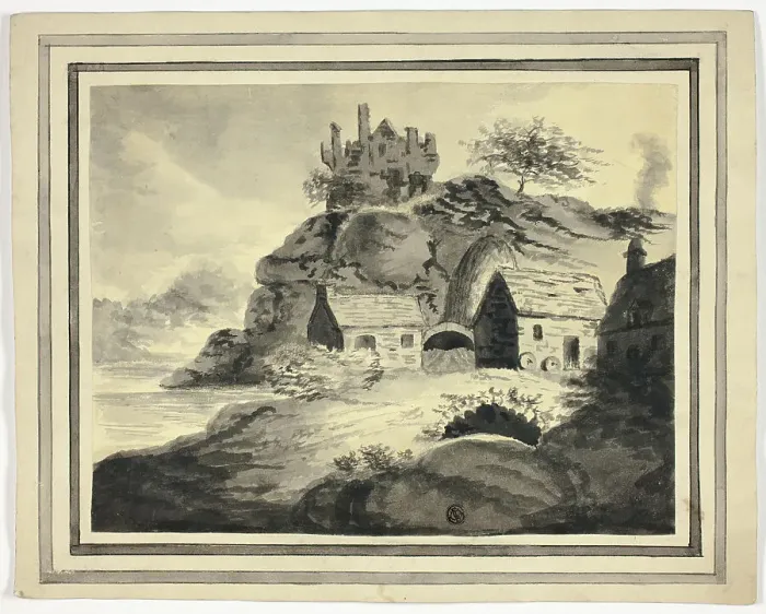 Framed Print : Farm with Overhanging Rock and Castle, n.d. Creator: Unknown Framed Print : Farm with Overhanging Rock and Castle, n.d. Creator: Unknown