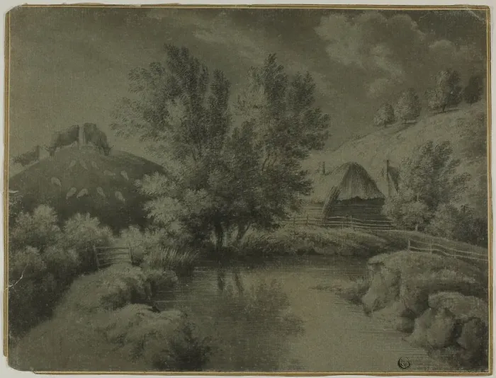 Framed Print : Farm with Pond in Foreground, Cows Grazing on Hill, n.d. Creator: Unknown Framed Print : Farm with Pond in Foreground, Cows Grazing on Hill, n.d. Creator: Unknown