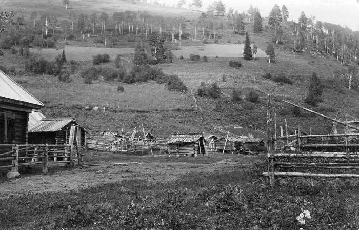 Framed Print : Farm Structures in the Ulus Kumys and a Ploughed Field on the Slope, 1913. Creator: GI Ivanov Framed Print : Farm Structures in the Ulus Kumys and a Ploughed Field on the Slope, 1913. Creator: GI Ivanov