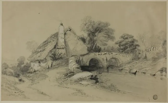 Framed Print : Farm with Thatched Roof Near Stone Bridge, n.d. Creator: Unknown Framed Print : Farm with Thatched Roof Near Stone Bridge, n.d. Creator: Unknown