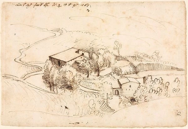 Farm with Trees in a Hilly Landscape, 1567. Creator: Gherardo Cibo (Italian, 1512-1600)