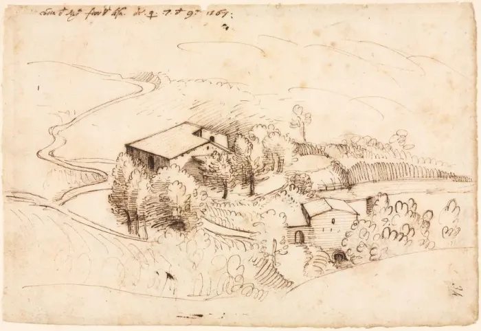 Framed Print : Farm with Trees in a Hilly Landscape, 1567. Creator: Gherardo Cibo (Italian, 1512-1600) Framed Print : Farm with Trees in a Hilly Landscape, 1567. Creator: Gherardo Cibo (Italian, 1512-1600)