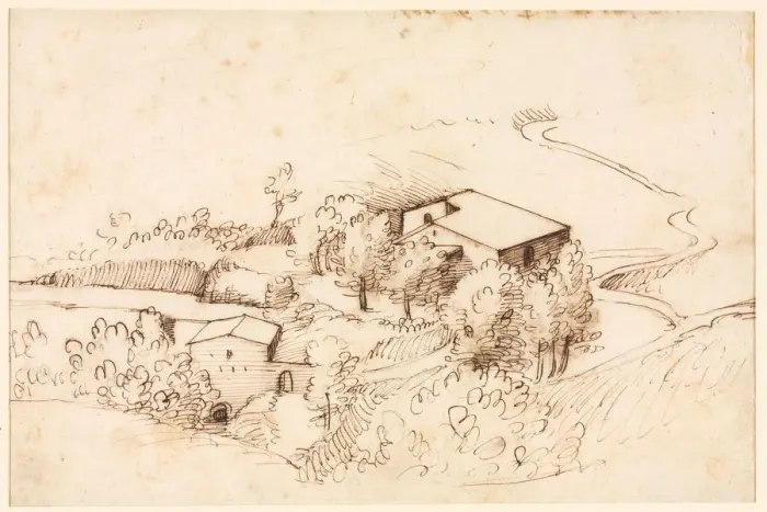 Framed Print : Farm with Trees in a Hilly Landscape (verso), 1567. Creator: Gherardo Cibo (Italian, 1512-1600) Framed Print : Farm with Trees in a Hilly Landscape (verso), 1567. Creator: Gherardo Cibo (Italian, 1512-1600)