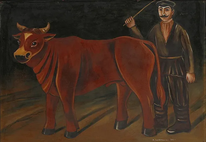 Framed Print : Farmer with Bull, 1916. Artist: Pirosmani, Niko (1862-1918) Framed Print : Farmer with Bull, 1916. Artist: Pirosmani, Niko (1862-1918)