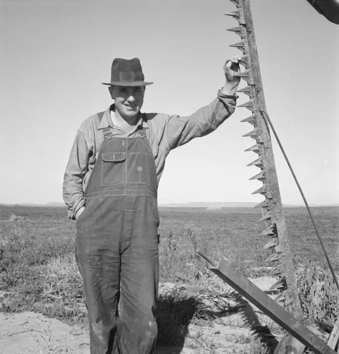 Framed Print : Farmer in his field getting ready to mow hay, Dead Ox Flat, Oregon, 1939. Creator: Dorothea Lange Framed Print : Farmer in his field getting ready to mow hay, Dead Ox Flat, Oregon, 1939. Creator: Dorothea Lange