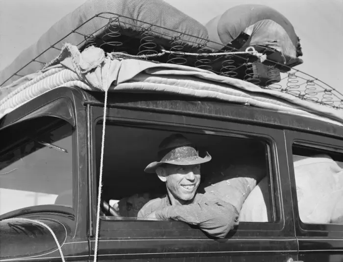 Framed Print : Farmer from Independence, Kansas, on the road at cotton chipping time, U. S. 99, California, 1939. Creator: Dorothea Lange Framed Print : Farmer from Independence, Kansas, on the road at cotton chipping time, U. S. 99, California, 1939. Creator: Dorothea Lange