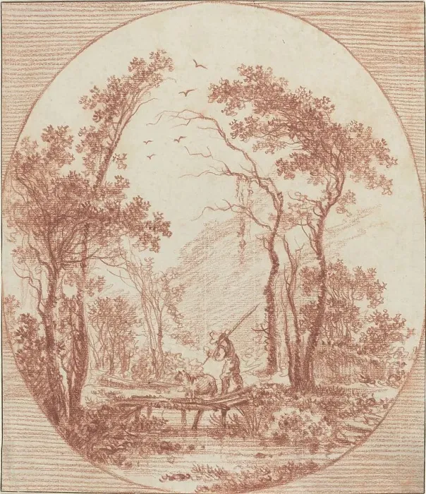 Framed Print : A Farmer and a Sheep Crossing a Rustic Bridge. Creator: Jean Baptiste Le Prince Framed Print : A Farmer and a Sheep Crossing a Rustic Bridge. Creator: Jean Baptiste Le Prince