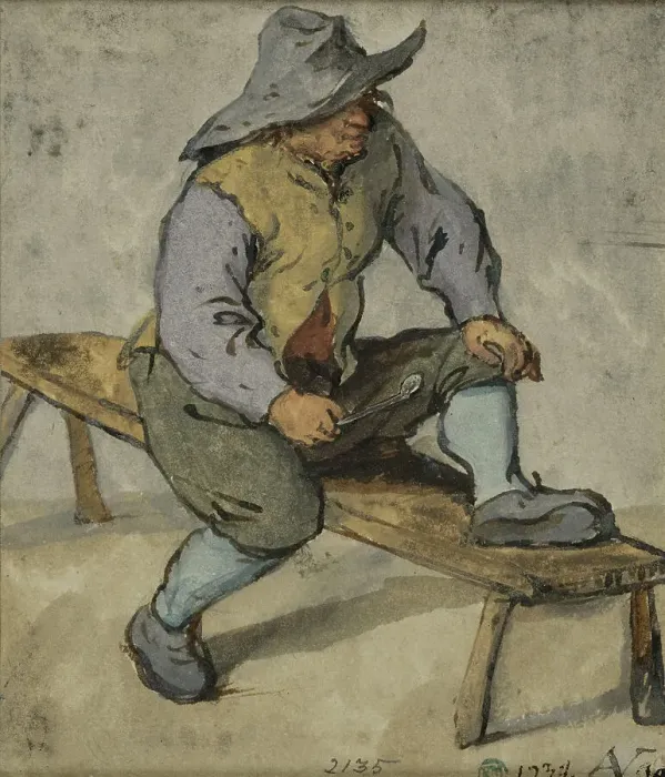 Framed Print : Farmer sitting on a bench, 1640s. Creator: Adriaen van Ostade Framed Print : Farmer sitting on a bench, 1640s. Creator: Adriaen van Ostade