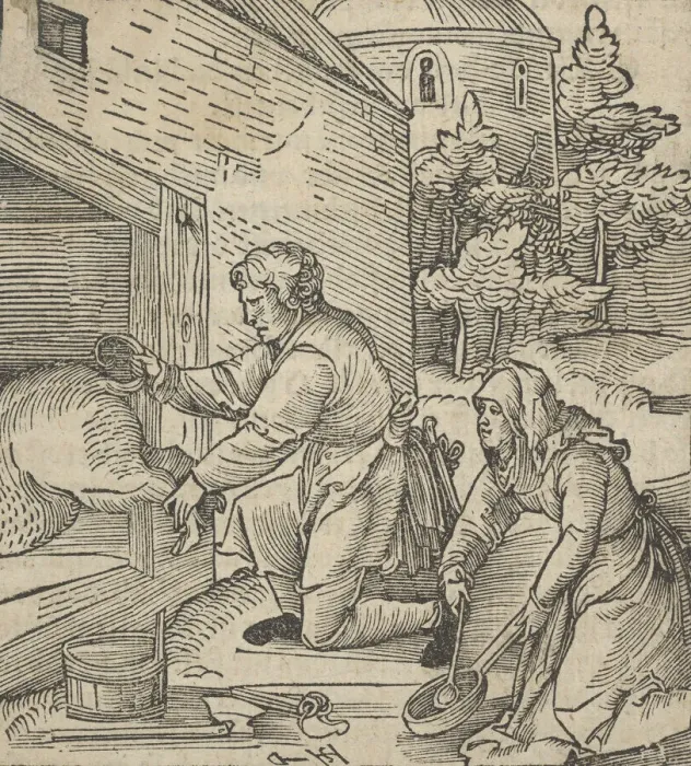 Framed Print : A Farmer Slaughtering a Hog, from Hymmelwagen auff dem, wer wol lebt... 1517 Framed Print : A Farmer Slaughtering a Hog, from Hymmelwagen auff dem, wer wol lebt... 1517