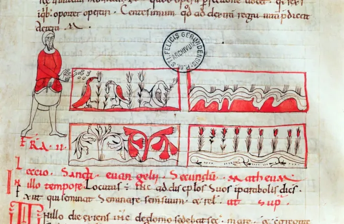Framed Print : Farmer in sowing time. Miniature from Homilias de Beda, codex from the second Framed Print : Farmer in sowing time. Miniature from Homilias de Beda, codex from the second