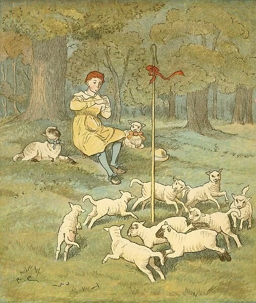 The Farmers Boy plays his pipe as the lambs dance around his shepherds crook, c1881