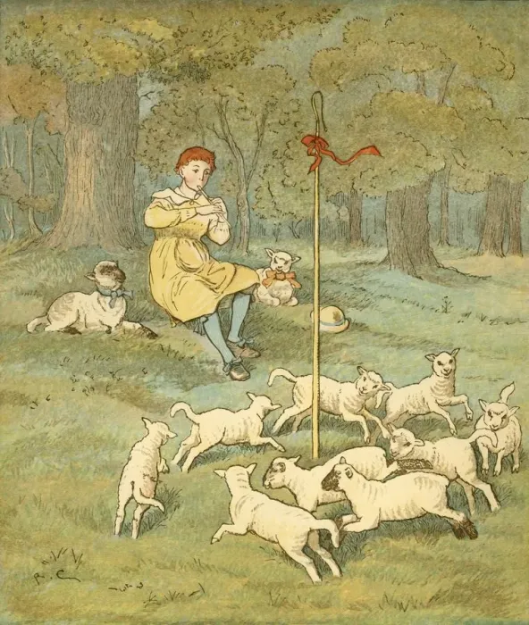 Framed Print : The Farmers Boy plays his pipe as the lambs dance around his shepherds crook, c1881
