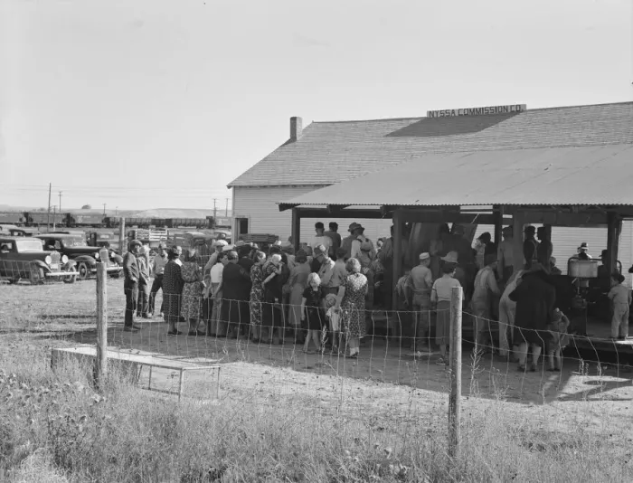 Framed Print : Farmers come to town on Saturday afternoon for auction sale... back street in Nyssa, Oregon, 1939. Creator: Dorothea Lange Framed Print : Farmers come to town on Saturday afternoon for auction sale... back street in Nyssa, Oregon, 1939. Creator: Dorothea Lange
