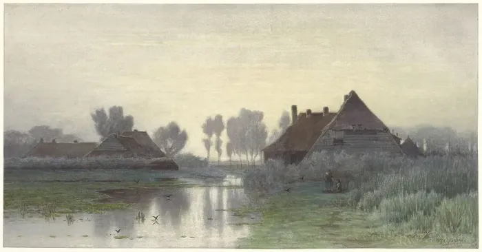 Framed Print : Farmers houses on the water at Morning Nevel, 1838-1892. Creator: Paul Joseph Constantin Gabriel Framed Print : Farmers houses on the water at Morning Nevel, 1838-1892. Creator: Paul Joseph Constantin Gabriel
