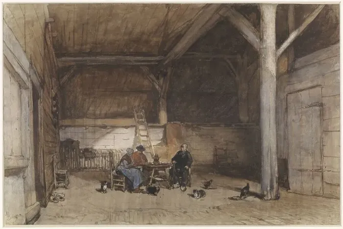 Framed Print : Farmers interior with two men and a woman at a table, also a few chickens and cats, 1827-1891. Creator: Johannes Bosboom Framed Print : Farmers interior with two men and a woman at a table, also a few chickens and cats, 1827-1891. Creator: Johannes Bosboom
