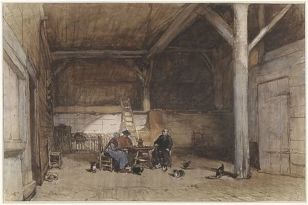 Farmers interior with two men and a woman at a table, also a few chickens and cats, 1827-1891. Creator: Johannes Bosboom