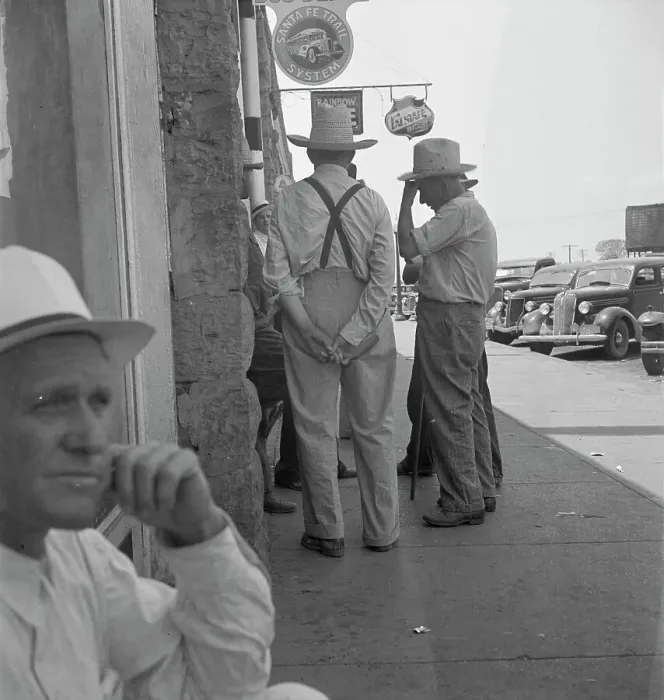 Framed Print : Farmers on main street discussing drought, Sallisaw, Sequoyah County, Oklahoma, 1936. Creator: Dorothea Lange Framed Print : Farmers on main street discussing drought, Sallisaw, Sequoyah County, Oklahoma, 1936. Creator: Dorothea Lange