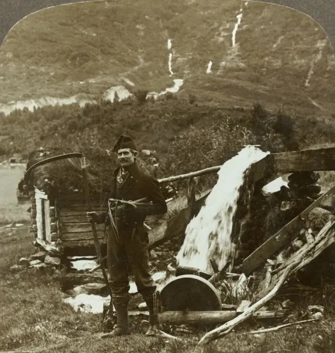 Framed Print : A farmers water-power grindstone and sod-roofed gristmill in deep Olden Valley, Norway, 1905 Framed Print : A farmers water-power grindstone and sod-roofed gristmill in deep Olden Valley, Norway, 1905