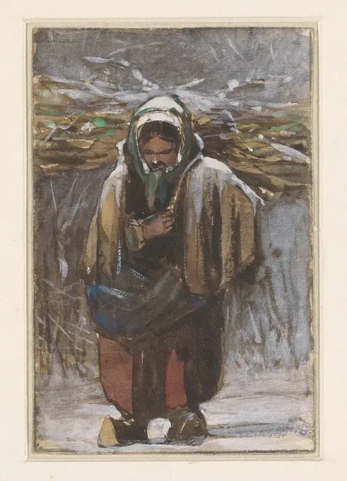 Framed Print : Farmer's wife carrying firewood in winter landscape, 1832-1880. Creator: Jan Weissenbruch Framed Print : Farmer's wife carrying firewood in winter landscape, 1832-1880. Creator: Jan Weissenbruch