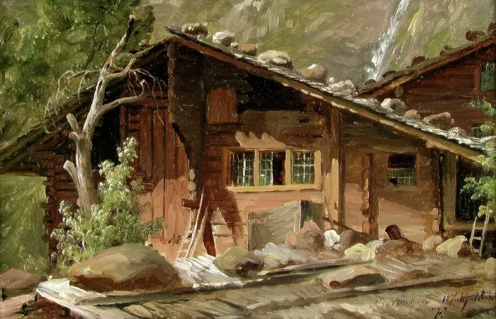Framed Print : Farmhouses in Meiringen in Switzerland, 1835. Creator: Thomas Fearnley Framed Print : Farmhouses in Meiringen in Switzerland, 1835. Creator: Thomas Fearnley