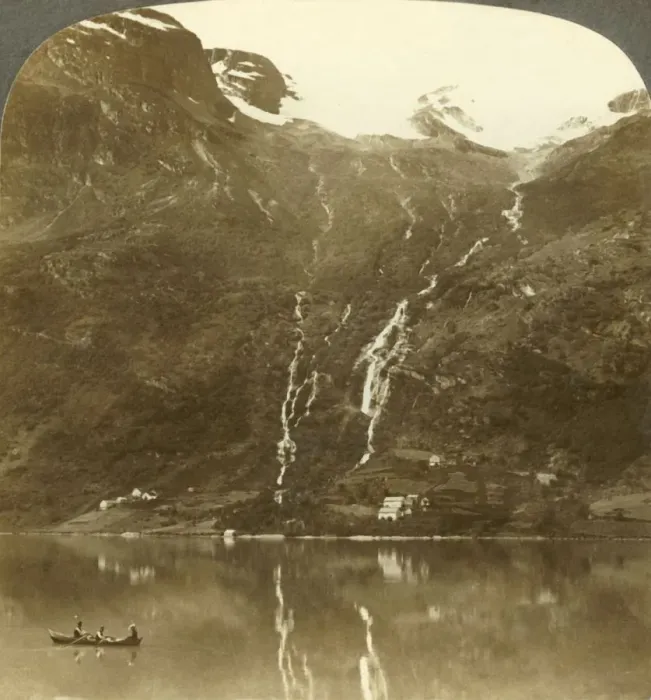 Framed Print : Farmhouses of Yri nestled at the mountains base - Yri falls on the glacier, Norway, c1905 Framed Print : Farmhouses of Yri nestled at the mountains base - Yri falls on the glacier, Norway, c1905
