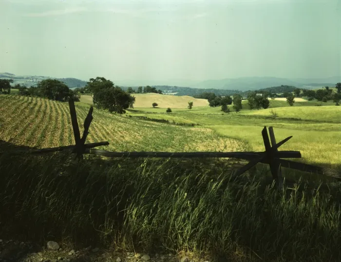 Framed Print : Farmland in the Taconic range, near the Hudson River Valley in New York state, 1943. Creator: John Collier Framed Print : Farmland in the Taconic range, near the Hudson River Valley in New York state, 1943. Creator: John Collier
