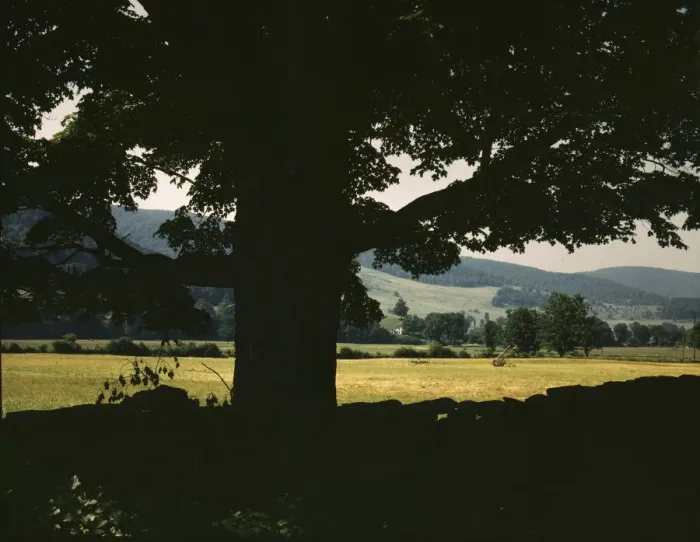 Framed Print : Farmland along the upper Delaware River in New York state, 1943. Creator: John Collier Framed Print : Farmland along the upper Delaware River in New York state, 1943. Creator: John Collier
