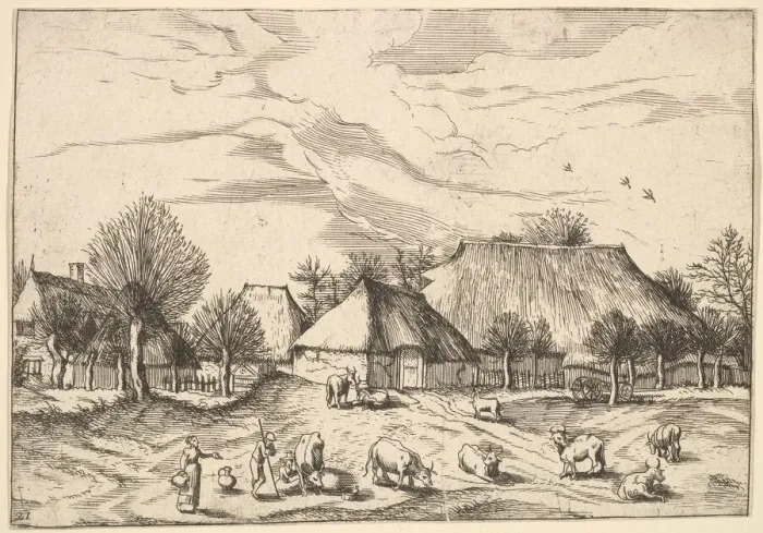 Framed Print : Farms, cattle with herdsmen and milkmaids in the foreground from Multifariarum casularu Framed Print : Farms, cattle with herdsmen and milkmaids in the foreground from Multifariarum casularu