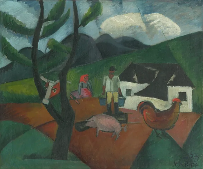 Framed Print : Farmyard, 1923. Creator: Gejza Schiller Framed Print : Farmyard, 1923. Creator: Gejza Schiller