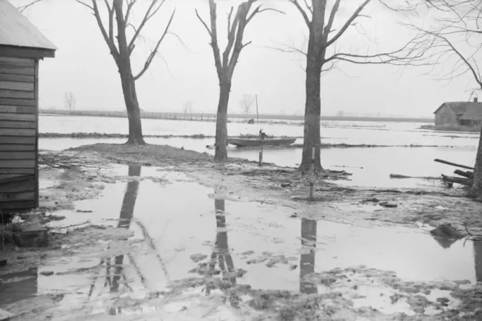 Framed Print : Farmyard covered with flood waters near Ridgeley, Tennessee, 1937. Creator: Walker Evans Framed Print : Farmyard covered with flood waters near Ridgeley, Tennessee, 1937. Creator: Walker Evans
