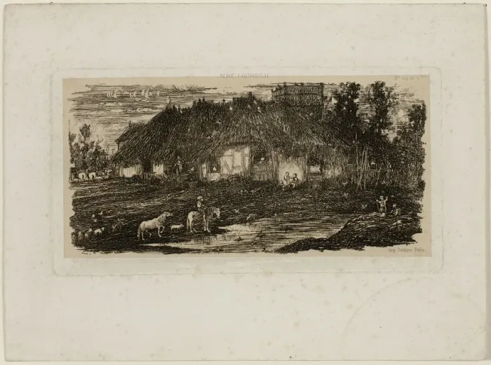 Framed Print : Farmyard, from Revue Fantaisiste, 1861. Creator: Rodolphe Bresdin
