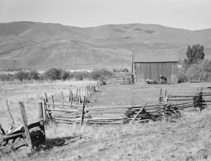 Framed Print : Farmyard in Squaw Creek Valley, Ola self-help sawmill co-op, Gem County, Idaho, 1939. Creator: Dorothea Lange Framed Print : Farmyard in Squaw Creek Valley, Ola self-help sawmill co-op, Gem County, Idaho, 1939. Creator: Dorothea Lange