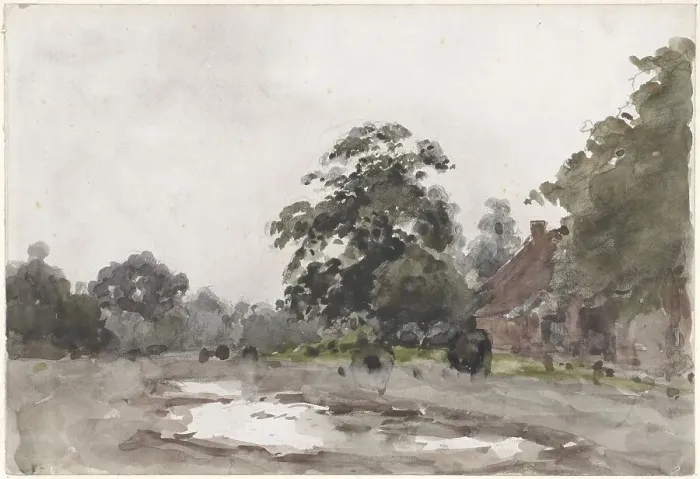 Framed Print : Farmyard under tall trees with water in the foreground, 1845-1925. Creator: Julius Jacobus van de Sande Bakhuyzen Framed Print : Farmyard under tall trees with water in the foreground, 1845-1925. Creator: Julius Jacobus van de Sande Bakhuyzen