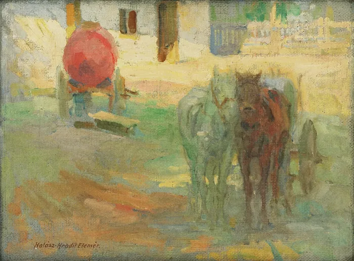 Framed Print : Farmyard with yoked horses, 1908. Creator: Elemir Halasz-Hradil Framed Print : Farmyard with yoked horses, 1908. Creator: Elemir Halasz-Hradil