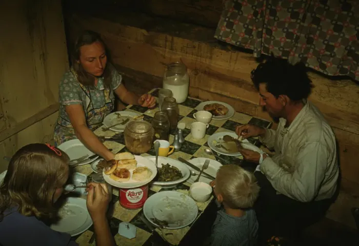 Framed Print : The Faro Caudill family eating dinner in their dugout, Pie Town, New Mexico, 1940. Creator: Russell Lee Framed Print : The Faro Caudill family eating dinner in their dugout, Pie Town, New Mexico, 1940. Creator: Russell Lee