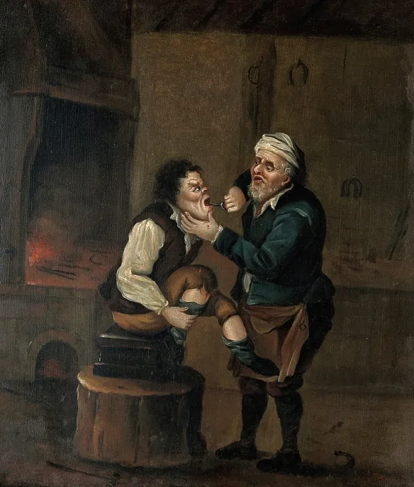 Framed Print : A farrier extracting a tooth from a man's mouth, c1680s. Creator: Follower of David Teniers II. A farrier extracting a tooth from a man's mouth, c1680s. Creator: Follower of David Teniers II Framed Print : A farrier extracting a tooth from a man's mouth, c1680s. Creator: Follower of David Teniers II. A farrier extracting a tooth from a man's mouth, c1680s. Creator: Follower of David Teniers II