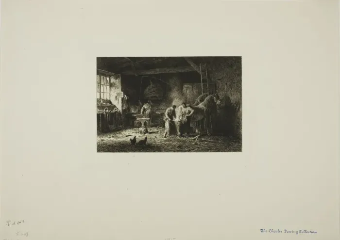 Framed Print : The Farriers Shop, 1865. Creator: Charles Emile Jacque Framed Print : The Farriers Shop, 1865. Creator: Charles Emile Jacque