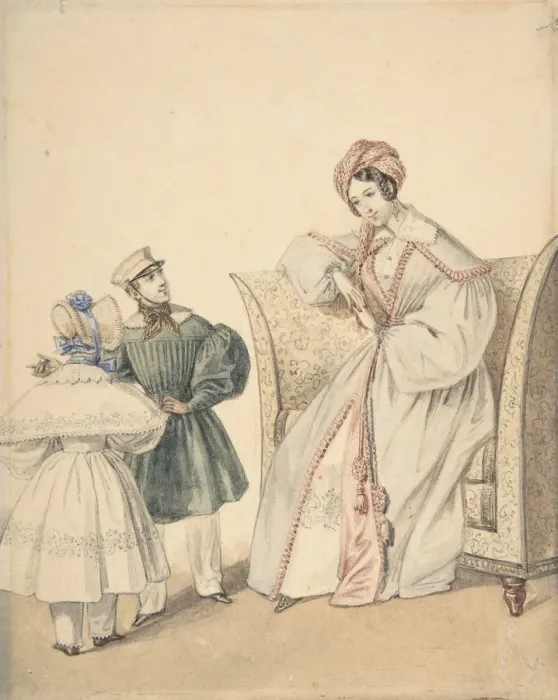Framed Print : Fashion Drawing with a Woman Seated in a Chair with a Boy and Girl, 19th century Framed Print : Fashion Drawing with a Woman Seated in a Chair with a Boy and Girl, 19th century