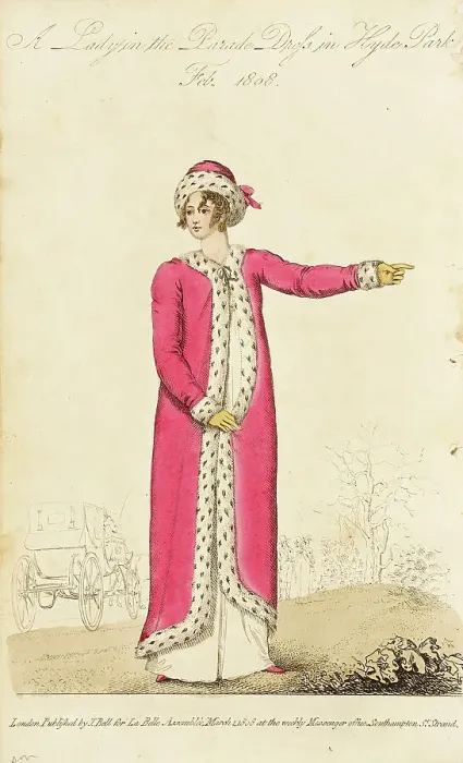 Framed Print : Fashion Plate (A Lady in the Parade Dress in Hyde Park), 1808. Creator: John Bell Framed Print : Fashion Plate (A Lady in the Parade Dress in Hyde Park), 1808. Creator: John Bell