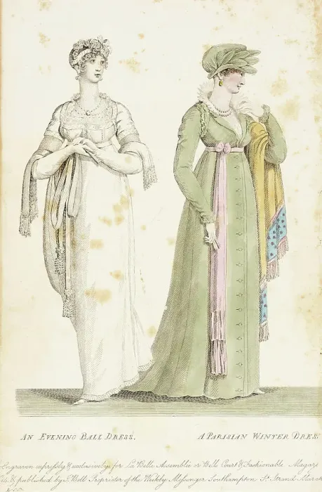 Framed Print : Fashion Plate (An Evening Ball Dress - A Parisian Winter Dress), 1807. Creator: John Bell Framed Print : Fashion Plate (An Evening Ball Dress - A Parisian Winter Dress), 1807. Creator: John Bell