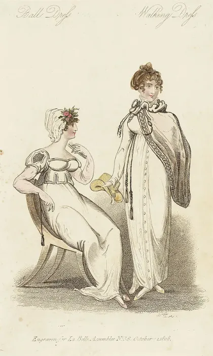 Framed Print : Fashion Plate (Ball Dress - Walking Dress), 1808. Creator: John Bell Framed Print : Fashion Plate (Ball Dress - Walking Dress), 1808. Creator: John Bell