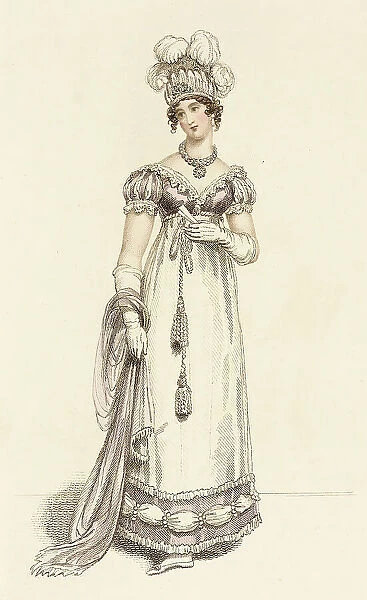 Fashion Plate (Baronial Helmet & Arundel Fete Dress), 1815. Creator: John Bell. Fashion Plate (Baronial Helmet & Arundel Fete Dress), 1815. Creator: John Bell