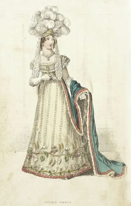 Framed Print : Fashion Plate (Court Dress), 1822. Creator: John Bell Framed Print : Fashion Plate (Court Dress), 1822. Creator: John Bell