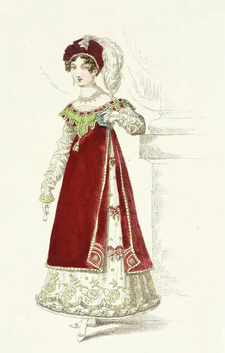Framed Print : Fashion Plate (Danish Fancy Dress Worn at the Prince Regents Fête), 1819. Creator: John Bell Framed Print : Fashion Plate (Danish Fancy Dress Worn at the Prince Regents Fête), 1819. Creator: John Bell