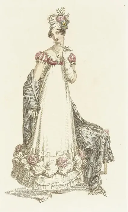 Framed Print : Fashion Plate (Evening Dress), 1818. Creator: Rudolph Ackermann Framed Print : Fashion Plate (Evening Dress), 1818. Creator: Rudolph Ackermann