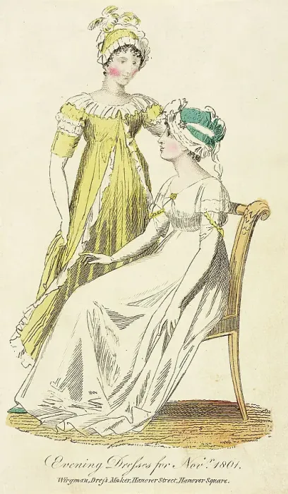 Framed Print : Fashion Plate (Evening Dresses for Novr. 1801), 1801. Creator: Unknown Framed Print : Fashion Plate (Evening Dresses for Novr. 1801), 1801. Creator: Unknown