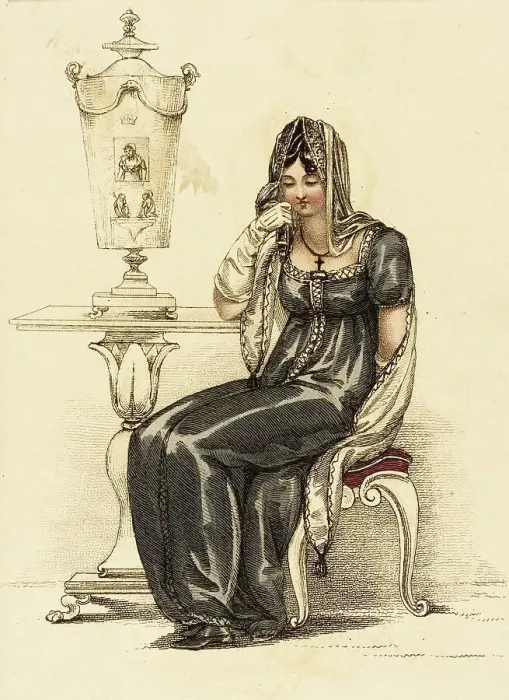 Framed Print : Fashion Plate (Evening Mourning Dress), 1810. Creator: Rudolph Ackermann Framed Print : Fashion Plate (Evening Mourning Dress), 1810. Creator: Rudolph Ackermann